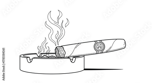 A detailed black and white illustration of a burning cigar resting in an ashtray, with smoke elegantly rising from its glowing tip, symbolizing relaxation and indulgence.