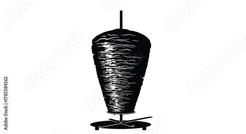 A striking black and white vector illustration of a vertical rotisserie spit, heavily loaded with layered meat, for preparing popular street foods like doner kebab, shawarma, or gyros.
