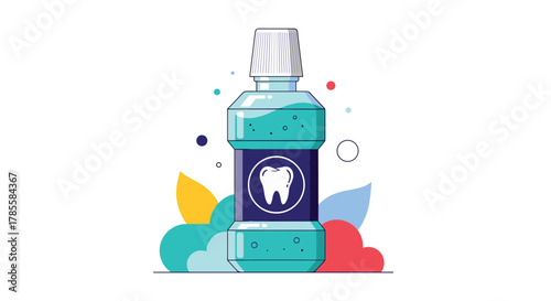 A fresh teal mouthwash bottle with a distinctive tooth icon on its dark blue label, surrounded by colorful abstract shapes and dots, symbolizing oral hygiene and dental care.