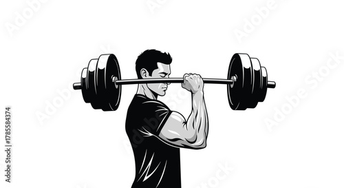 A determined man with strong biceps is captured mid-exercise, performing a barbell curl with heavy weights, showcasing strength, focus, and dedication to fitness.