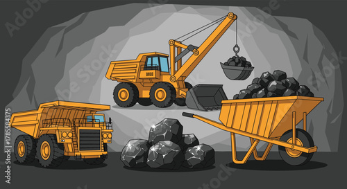 Illustration depicting a coal mining operation with heavy machinery and tools, including large haul trucks, an excavator loading a bucket, a wheelbarrow full of coal, and raw coal piles in a mine.
