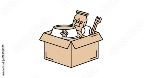 An illustration of a brown cardboard box filled with various pet supplies, including a feeding bowl, food jar, tennis ball, and scooper, representing pet care or donation.