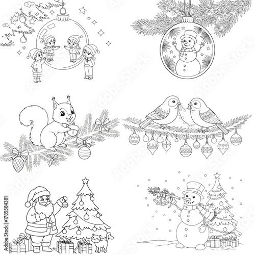 Set of Christmas coloring pages featuring festive scenes and characters