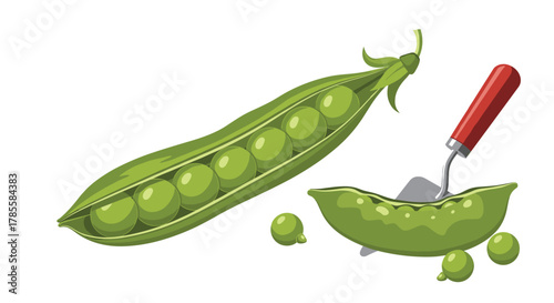 A vibrant illustration of fresh green peas in an open pod and another pod being shelled with a small garden trowel, representing healthy eating and gardening.