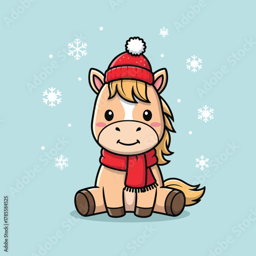 Adorable Cartoon Horse Wearing a Red Winter Hat and Scarf.