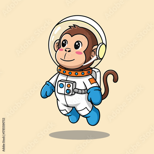 Adorable cartoon monkey astronaut floating in space with a helmet and suit.