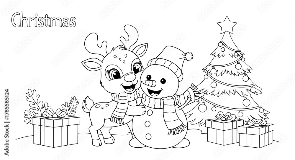 Fototapeta premium Reindeer and Snowman with Christmas Tree Coloring Page