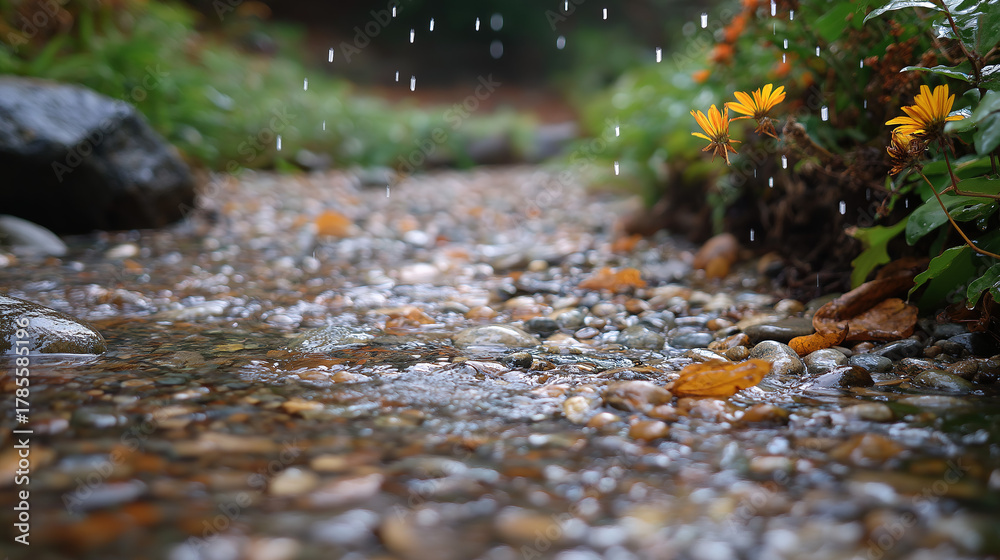 Fototapeta premium Rainy Pebble Path with Yellow Flowers, Fresh Natural Rain Scene for Web Backgrounds, Poster Design and Outdoor Settings
