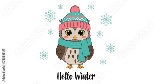 Adorable cartoon owl wearing a knitted hat and scarf surrounded by snowflakes.