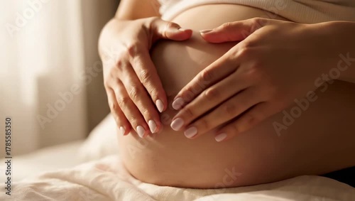 Wallpaper Mural A pregnant woman tenderly cradles her belly, forming a heart shape with her hands, bathed in soft light. Torontodigital.ca