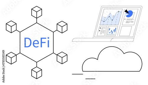 Blockchain network with DeFi text, data analytics displayed on a laptop screen, and a cloud. Ideal for finance, blockchain, cloud computing, analytics, fintech collaboration technology. Clean