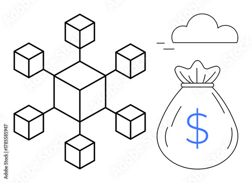 Blockchain network with interconnected cubes, cloud and money bag symbolizing digital finance, decentralization, investment, security, networking, blockchain technology, simple flat metaphor