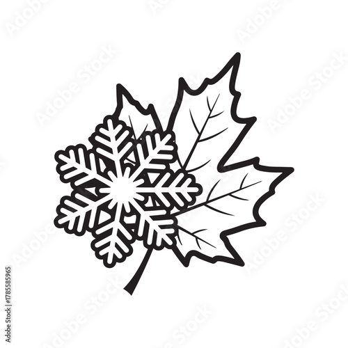 Maple leaf with snowflake illustration, representing winter transition.