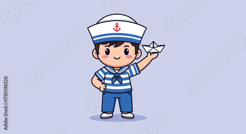 Adorable Cartoon Sailor Boy Holding a Paper Boat.