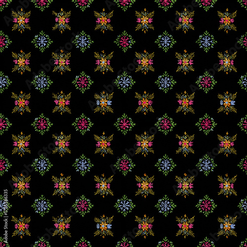 Embroidered seamless pattern on black background