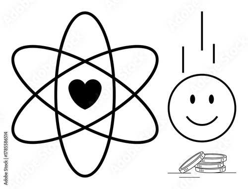 Heart within atomic design and a happy face with falling coins evoke love, energy, happiness, and wealth. Ideal for science, love, happiness, abundance, financial prosperity well-being simple flat