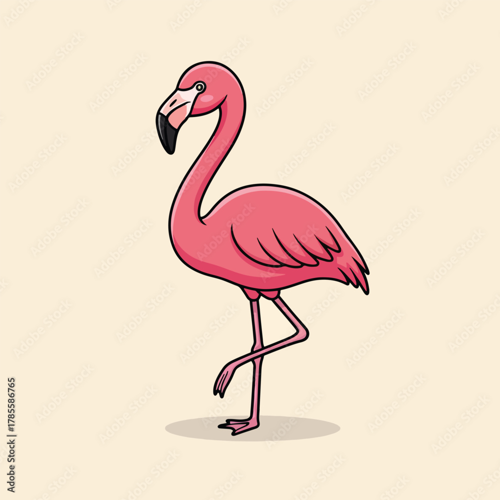 Fototapeta premium Adorable Pink Flamingo Standing on One Leg Cartoon Illustration.