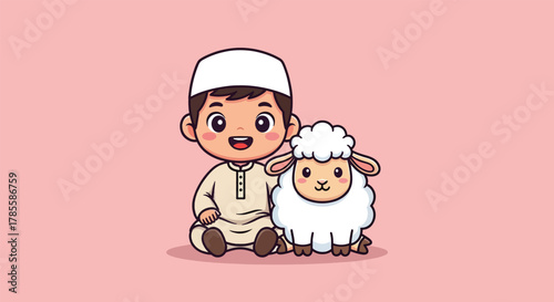 Adorable Muslim Boy in Traditional Attire Poses with a Cute Sheep.