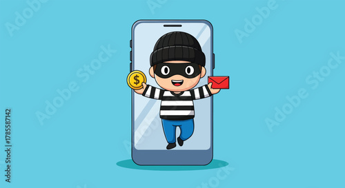 Cartoon thief character emerging from a smartphone holding stolen money and an envelope.