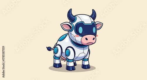 Cartoon Robotic Cow with Blue Digital Eyes and Horns.