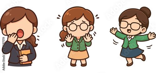 set cute woman characters laughing and cheering