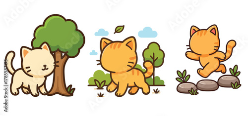 set cute cats enjoying nature under trees
