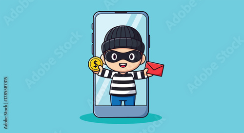 Cartoon thief character emerging from a smartphone screen holding coins and an envelope.