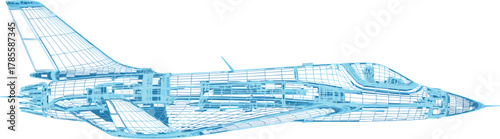 Wireframe jet aircraft, CAD model, aerospace engineering, 3D jet design, aircraft structure, cockpit, wings, engine, simulation, blueprint