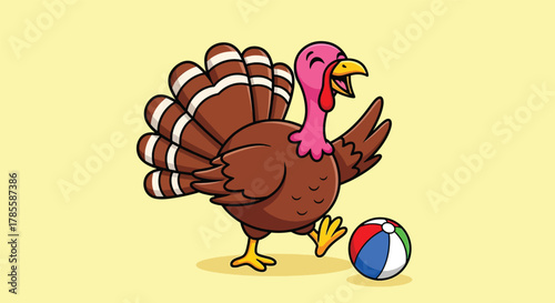 Cartoon Turkey Playing with a Beach Ball.