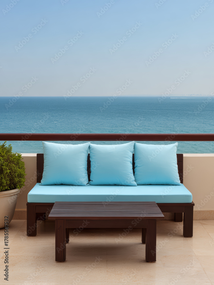 Obraz premium Cozy outdoor seating area overlooking a tranquil ocean on a sunny day