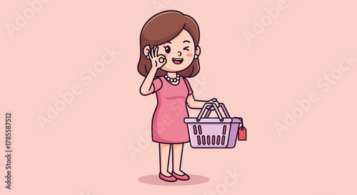 Cartoon Woman Holding Shopping Basket and Winking.