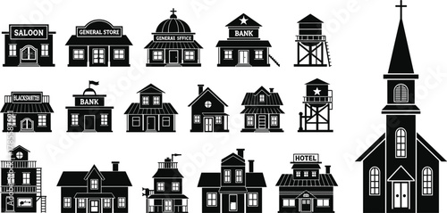 Western, town, silhouette, buildings, saloon, bank, hotel, church, vector, black, white, old, style, architecture, frontier, general store, blacksmith, water tower, vintage, illustration