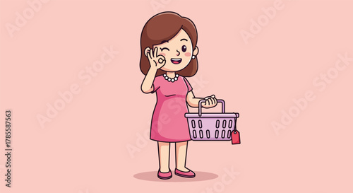 Cartoon Woman Holding Shopping Basket Winking and Giving Thumbs Up.