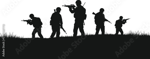 Soldier, silhouette, military, patrol, rifle, gear, helmet, backpack, vector, black, white, terrain, mission, armed, walking, alert, tactical, formation, illustration, defense
