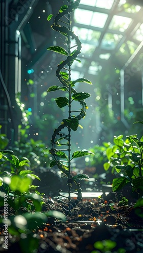 Futuristic Greenhouse with Plants Growing from Holographic DNA Strands