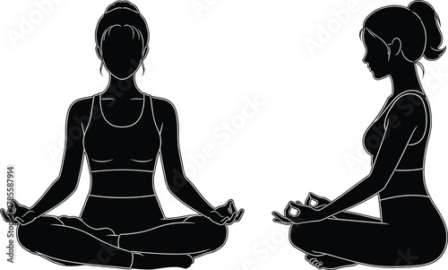Yoga, silhouette, lotus, pose, meditation, seated, vector, black, white, calm, mindfulness, wellness, front, side, view, posture, balance, peaceful, illustration, fitness