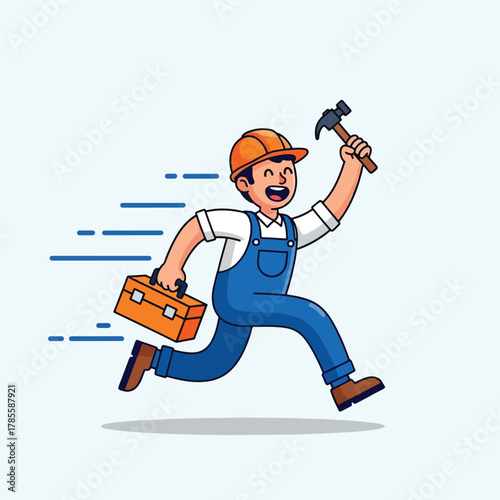 Energetic construction worker running with toolbox and hammer.