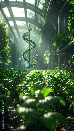 Futuristic Greenhouse with Plants Growing from Holographic DNA Strands