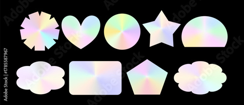 Iridescent hologram sticker elements with metallic rainbow shine. Reflective Iridescent label surfaces turn every sticker into a vivid design label.