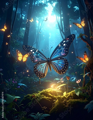 Cinematic Glowing Forest with Butterflies Displaying Circuit Pattern Wings