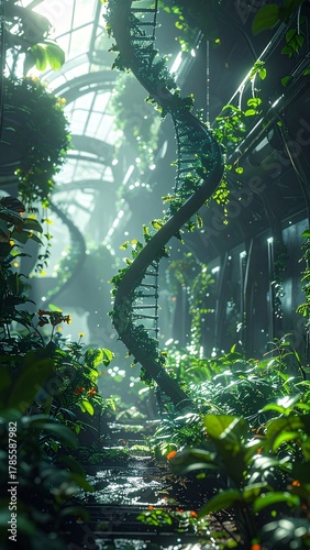 Futuristic Greenhouse with Plants Growing from Holographic DNA Strands