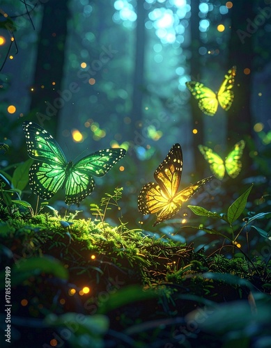 Cinematic Glowing Forest with Butterflies Displaying Circuit Pattern Wings