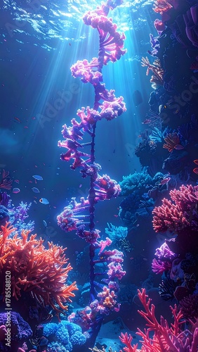 Surreal Ocean Scene of Coral Reefs Growing as Luminous DNA Helixes