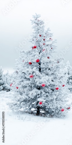 Christmas tree covered in snow with red ornaments celebrating holidays