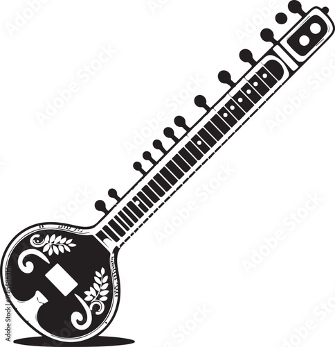 black silhouette of sitar on white background, vector