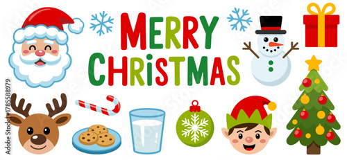 Christmas clipart collection including Santa, snowman, reindeer, Xmas tree, gifts, treats, and festive text. Playful, vibrant graphics for holiday designs