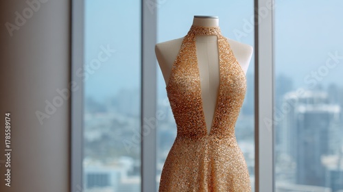 Elegant Glittering Dress on Mannequin with City Background