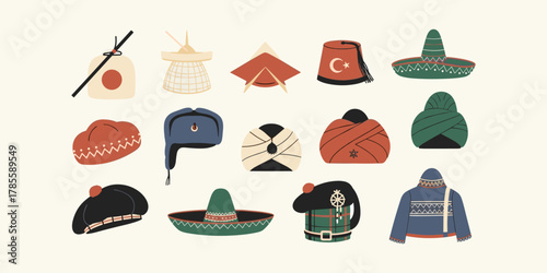 A vibrant collection of cultural headwear illustrations, showcasing diverse traditional hats and caps from around the world, representing global fashion, heritage, and unique ethnic styles