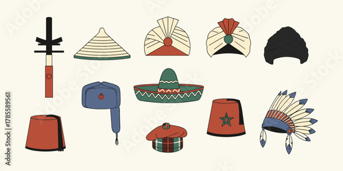 A vibrant collection of diverse traditional and cultural headwear from around the world, showcasing various styles and heritage through illustrative designs