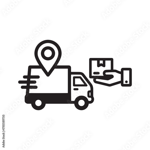 Fast delivery service icon with location pin and package handoff.